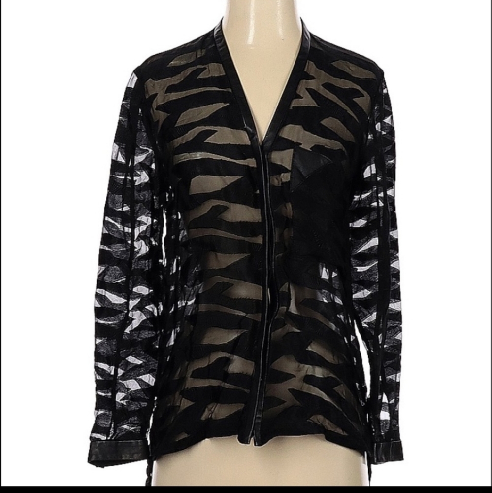 Helmut Lang Black sheer Leather Trim top